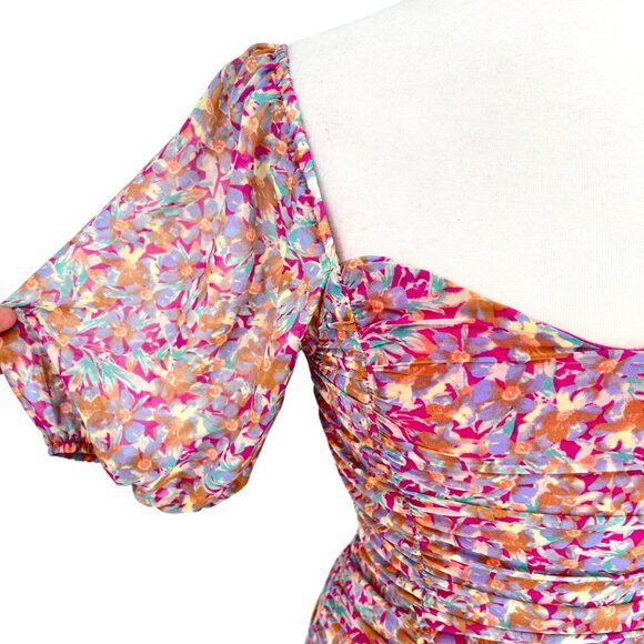 Lush Floral Multicolor Ruched Puff Sleeve Sweetheart Mini Dress Size Small - Picture 3 of 12